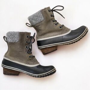 Sorel Lace-Up Duck Boots in Olive Green and Black with Gray Cuff